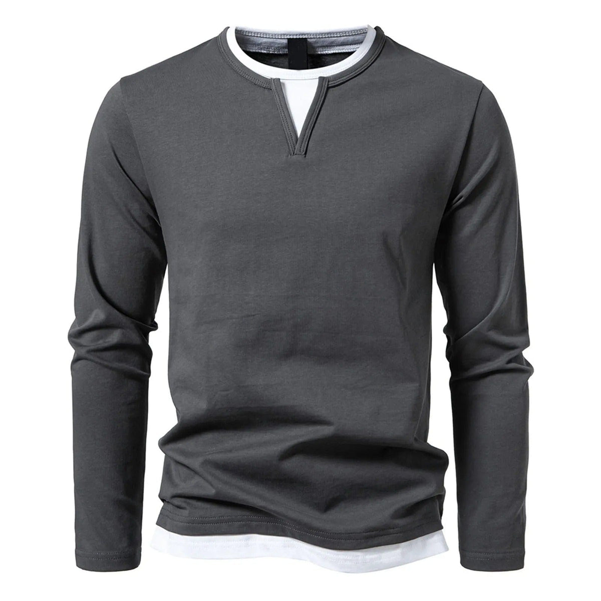 Polo Homme à Manches Longues avec Col Rond et Effet Superposé – Essentiel Décontracté et Stylé - Gris