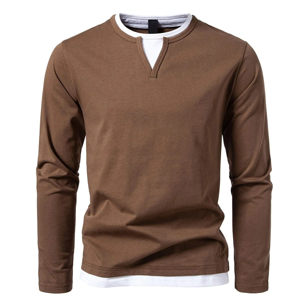 Polo Homme à Manches Longues avec Col Rond et Effet Superposé – Essentiel Décontracté et Stylé - Marron