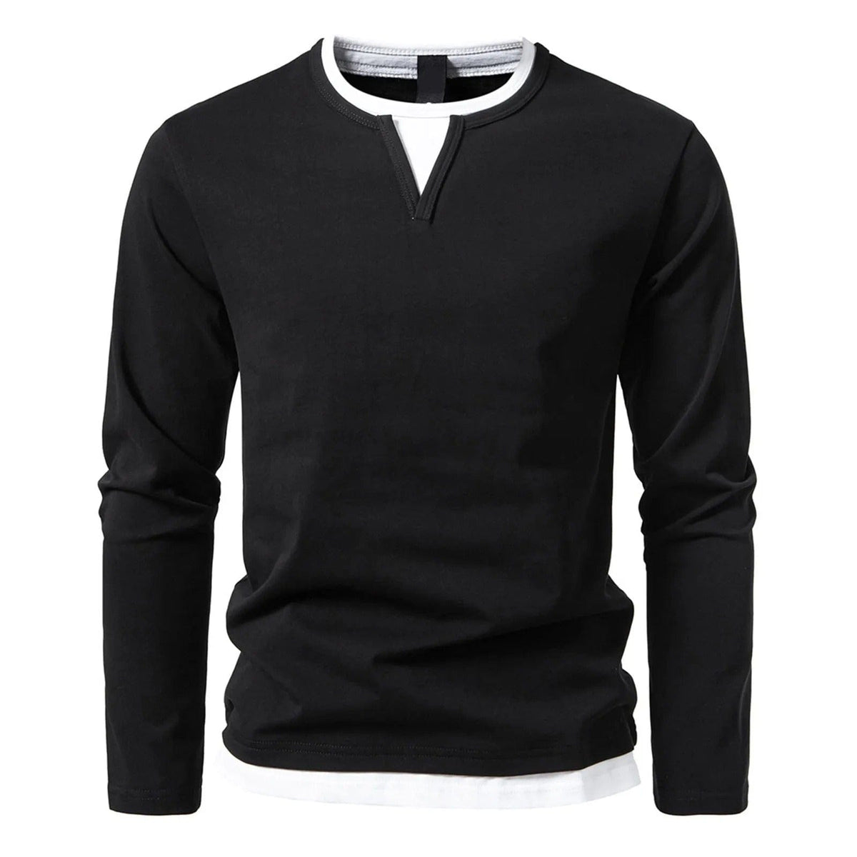 Polo Homme à Manches Longues avec Col Rond et Effet Superposé – Essentiel Décontracté et Stylé - Noir