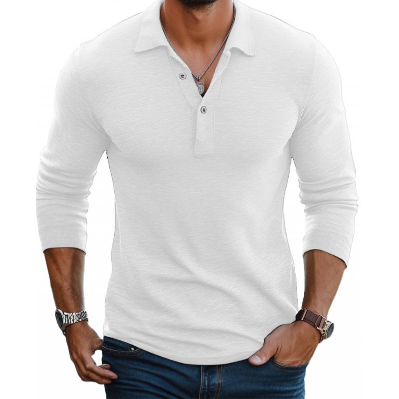 Polo Homme Décontracté en Mélange de Coton – Manches Longues Slim avec Col à Revers - Blanc