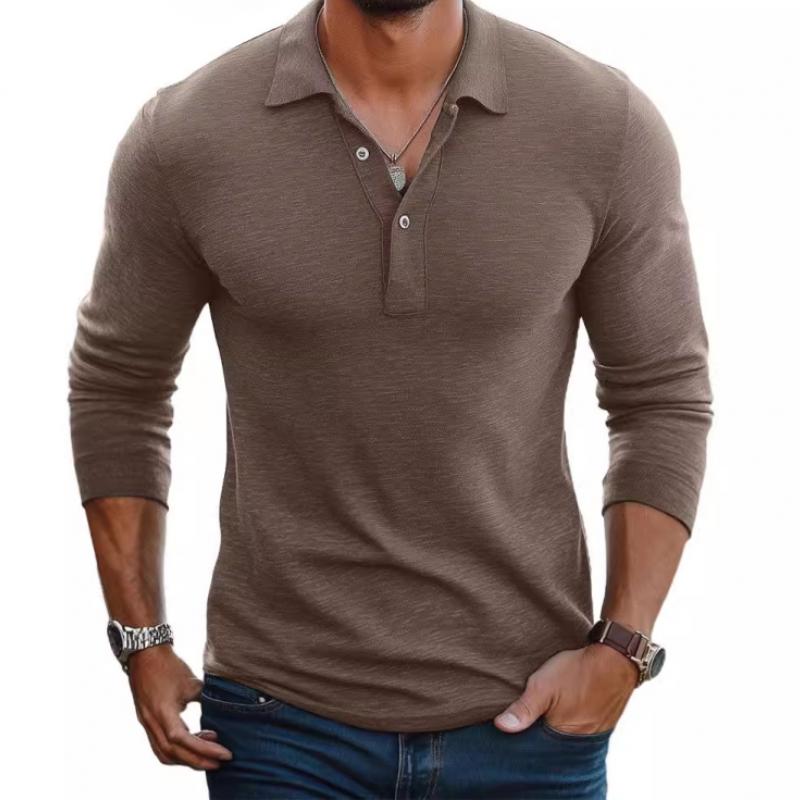 Polo Homme Décontracté en Mélange de Coton – Manches Longues Slim avec Col à Revers - Brun