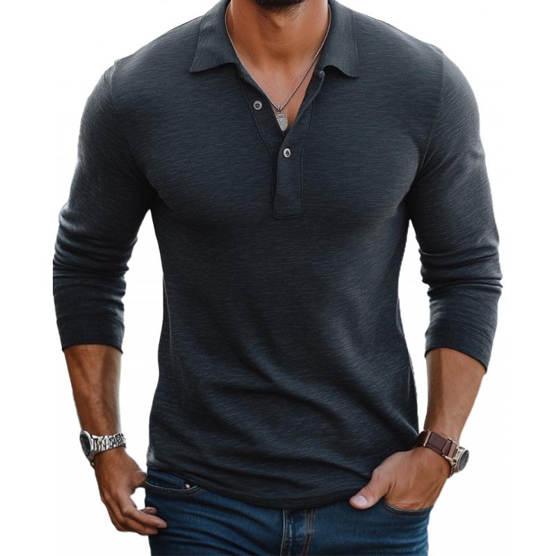 Polo Homme Décontracté en Mélange de Coton – Manches Longues Slim avec Col à Revers - Gris foncé