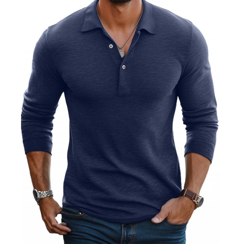 Polo Homme Décontracté en Mélange de Coton – Manches Longues Slim avec Col à Revers - Marine