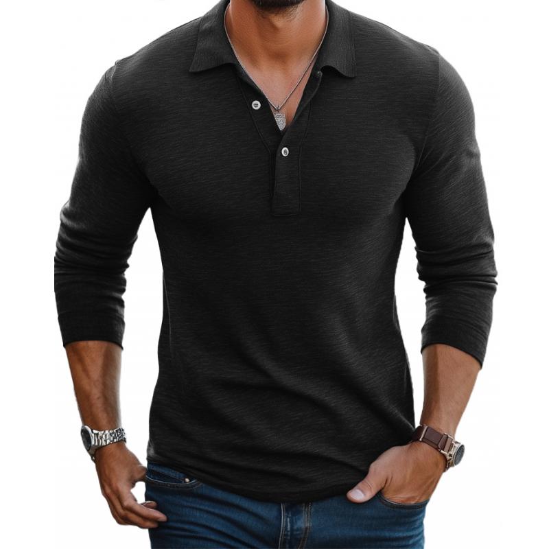 Polo Homme Décontracté en Mélange de Coton – Manches Longues Slim avec Col à Revers - Noir