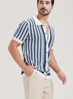 Polo homme maille tricotée rayée - Bleu ciel
