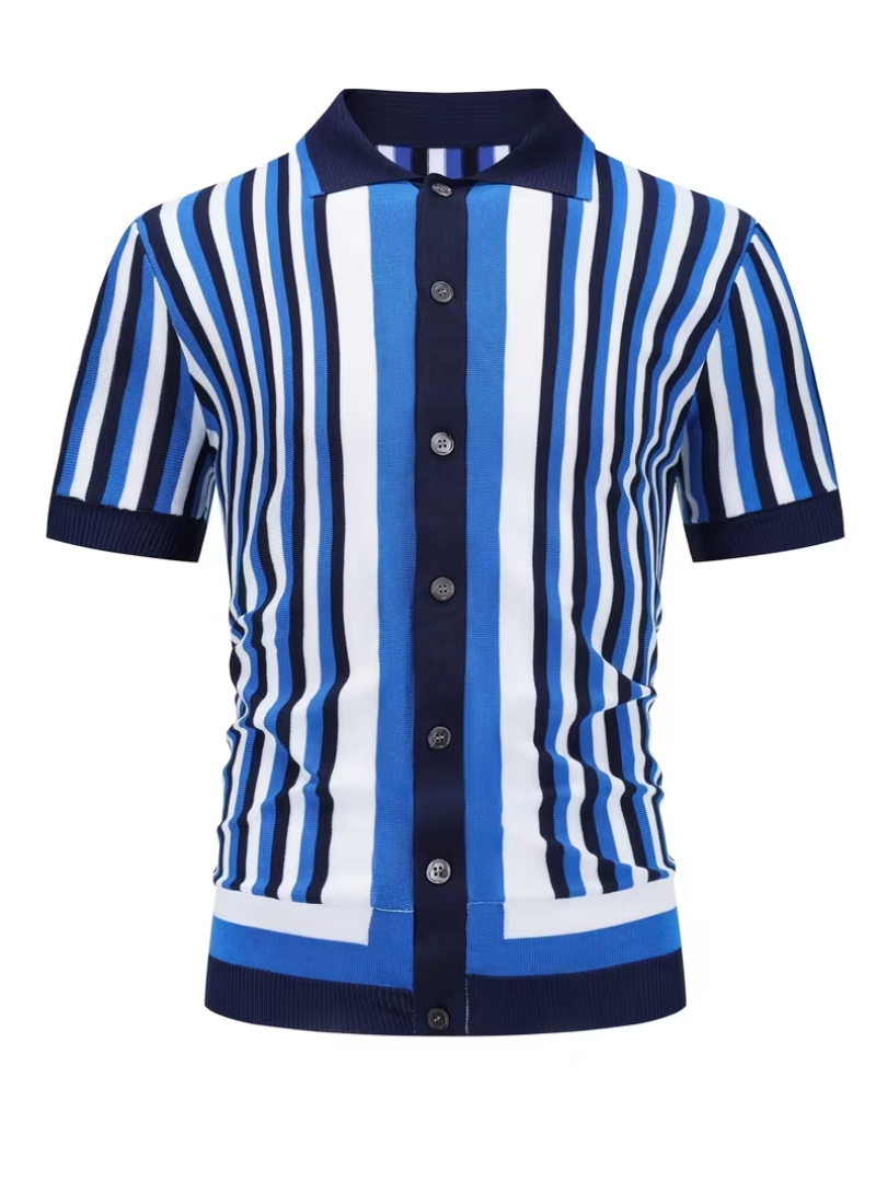Polo homme maille tricotée rayée - Bleu marine