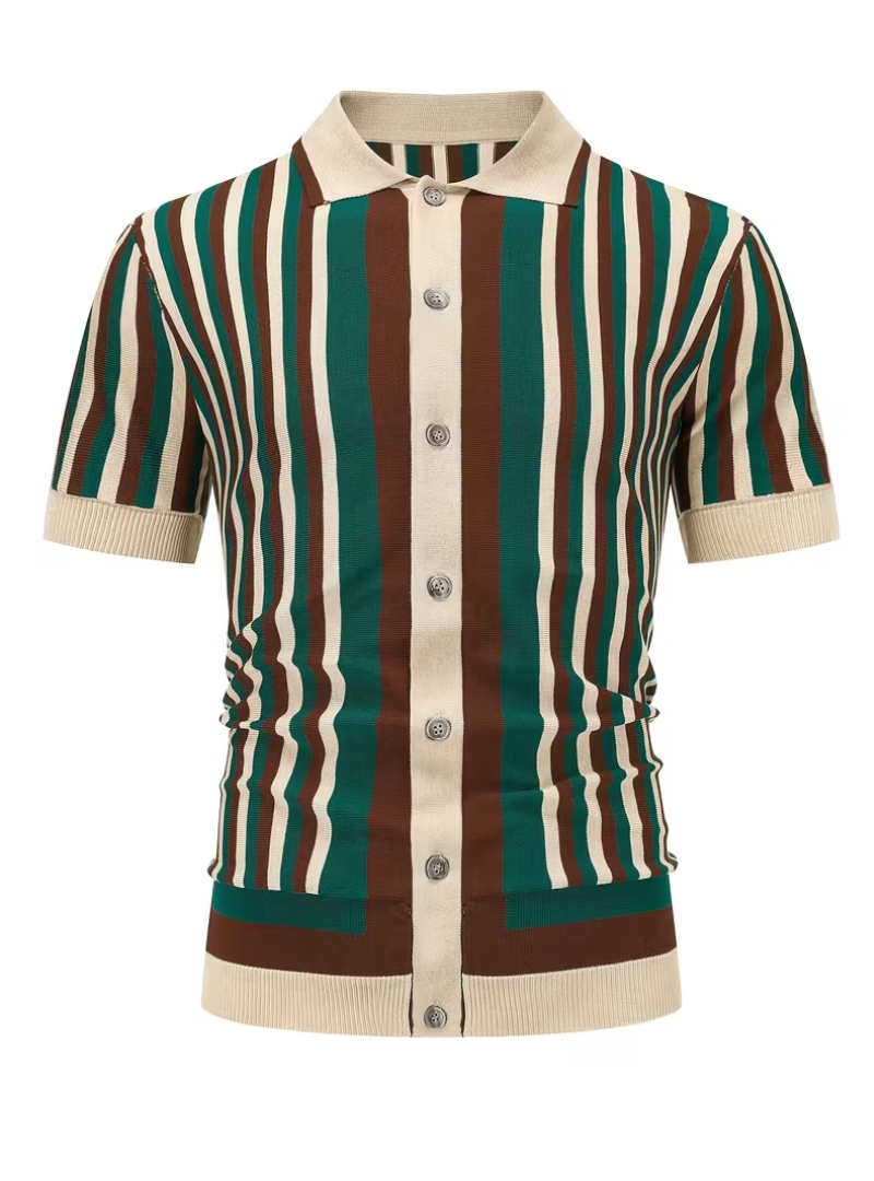 Polo homme maille tricotée rayée - Vert fonce