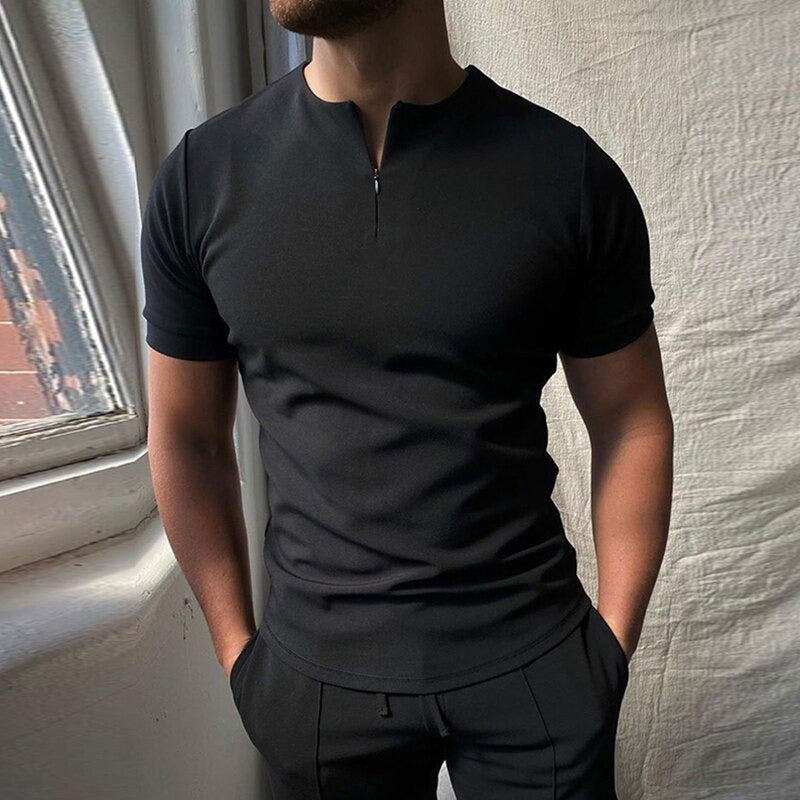 Polo Homme Premium à Manches Courtes avec Fermeture Éclair – Haut Henley Décontracté sans Col - Noir