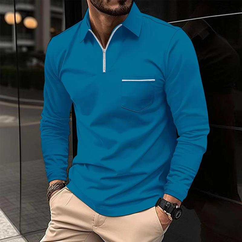 Polo Premium à Manches Longues pour Homme – Chemise Décontractée avec Poche Poitrine - Bleu
