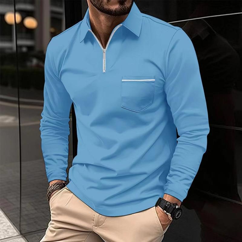 Polo Premium à Manches Longues pour Homme – Chemise Décontractée avec Poche Poitrine - Bleu clair
