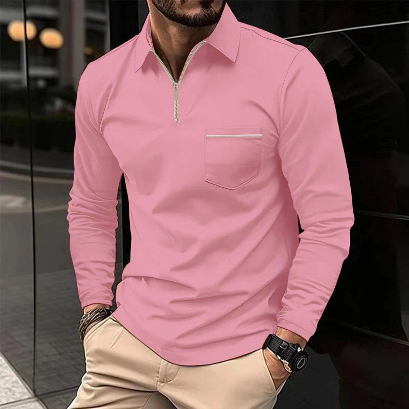 Polo Premium à Manches Longues pour Homme – Chemise Décontractée avec Poche Poitrine - Rose