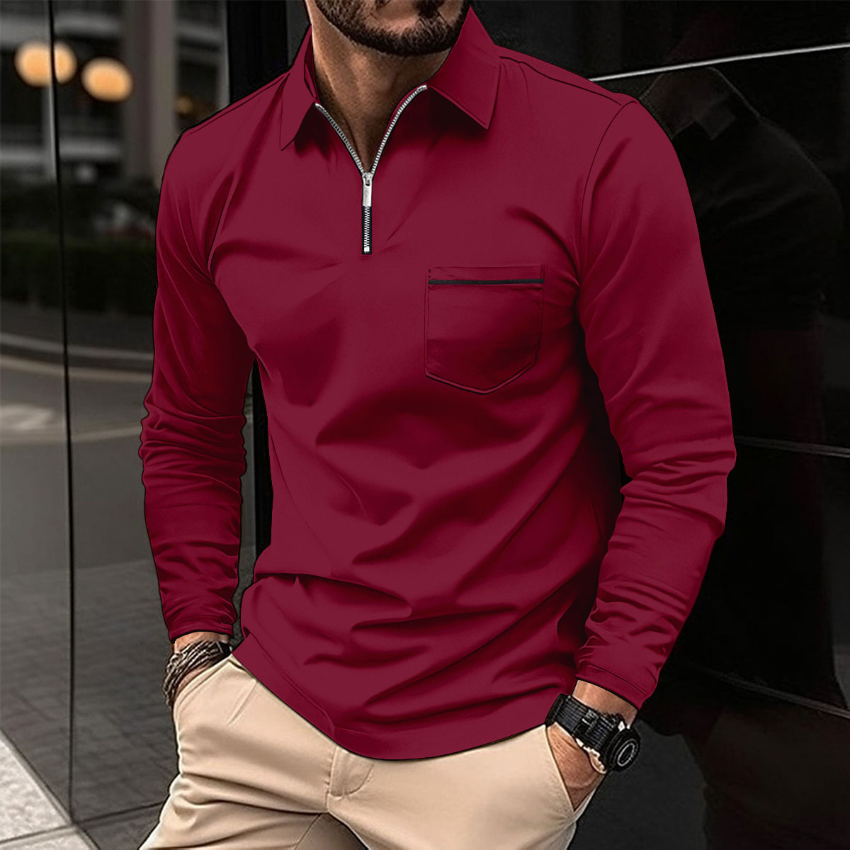 Polo Premium à Manches Longues pour Homme – Chemise Décontractée avec Poche Poitrine - Vin rouge