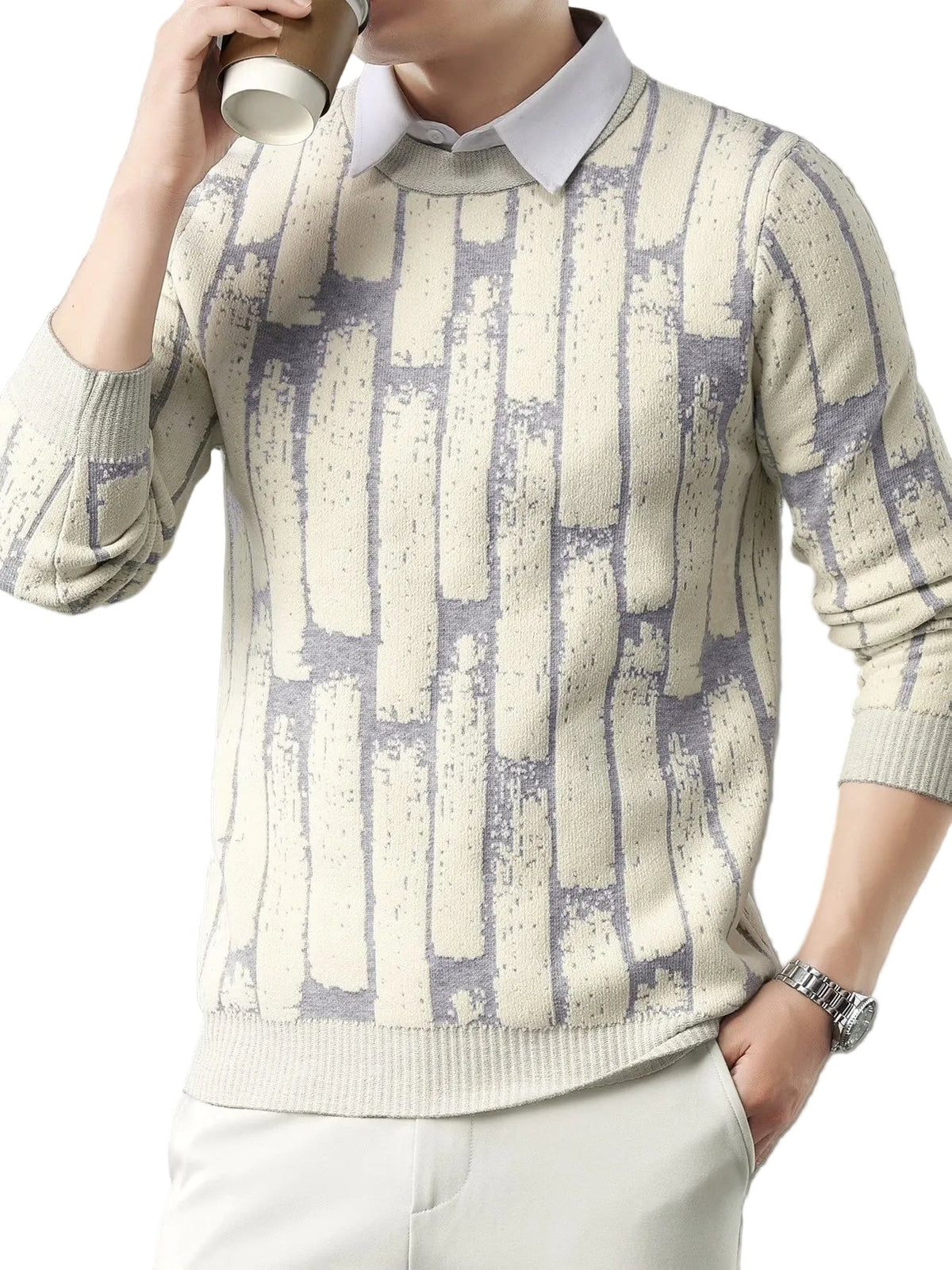 Pull Col Rond Homme Avec Motif - Beige