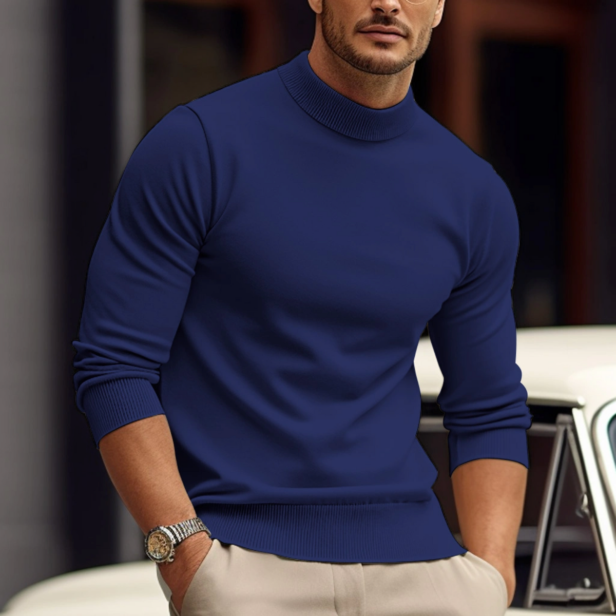 Pull Col Roulé Ajusté Élégant pour Homme – Tricot Confortable Décontracté - Bleu marine