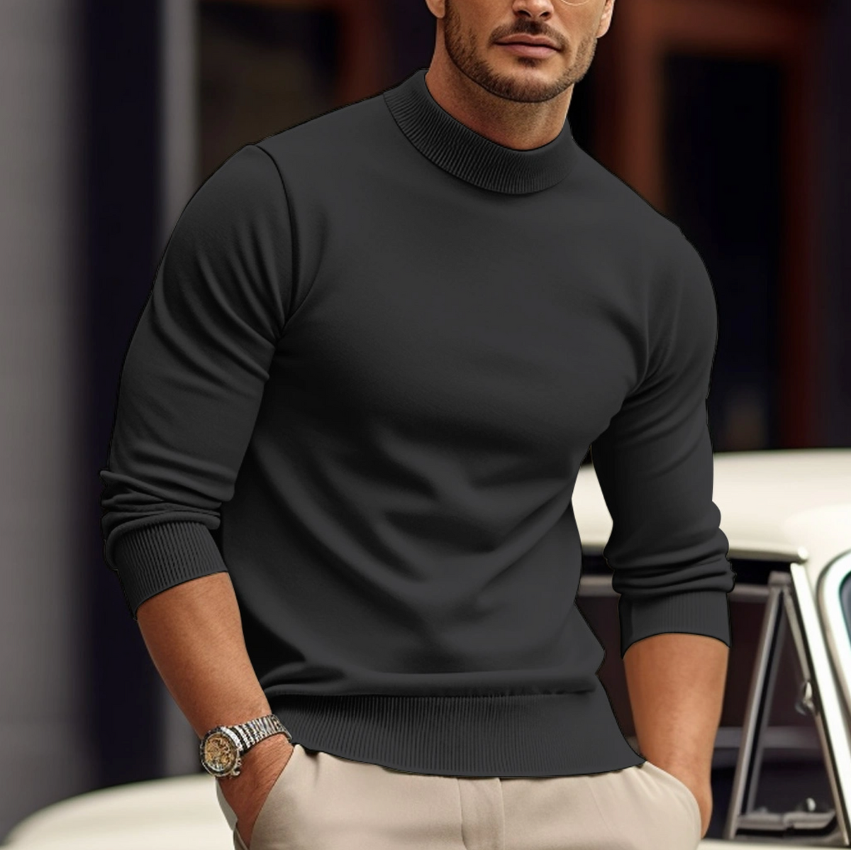 Pull Col Roulé Ajusté Élégant pour Homme – Tricot Confortable Décontracté - Noir