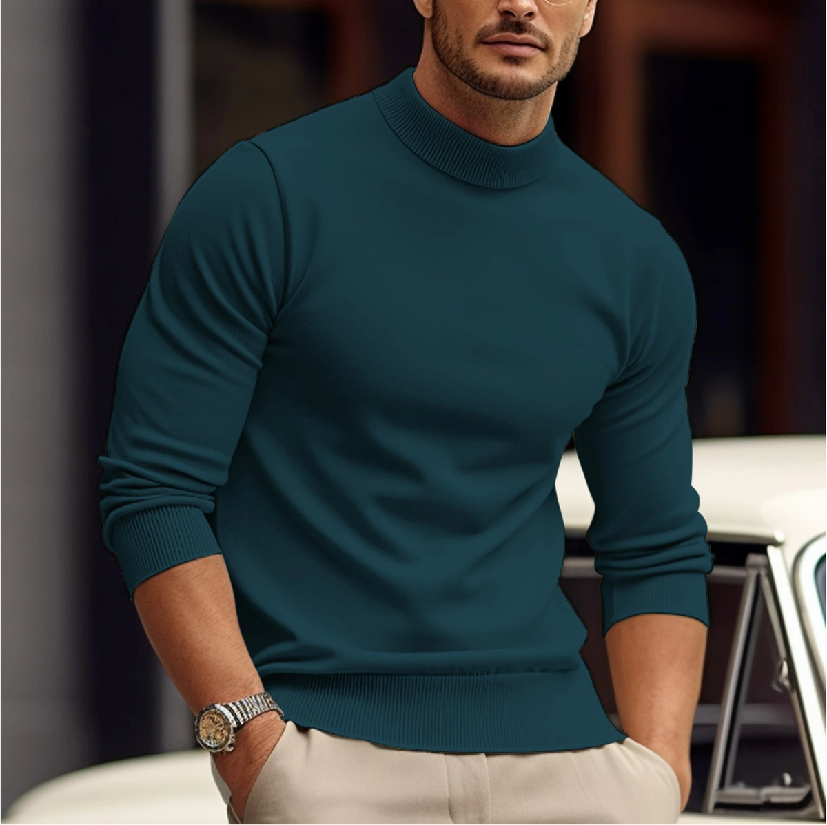 Pull Col Roulé Ajusté Élégant pour Homme – Tricot Confortable Décontracté - Vert
