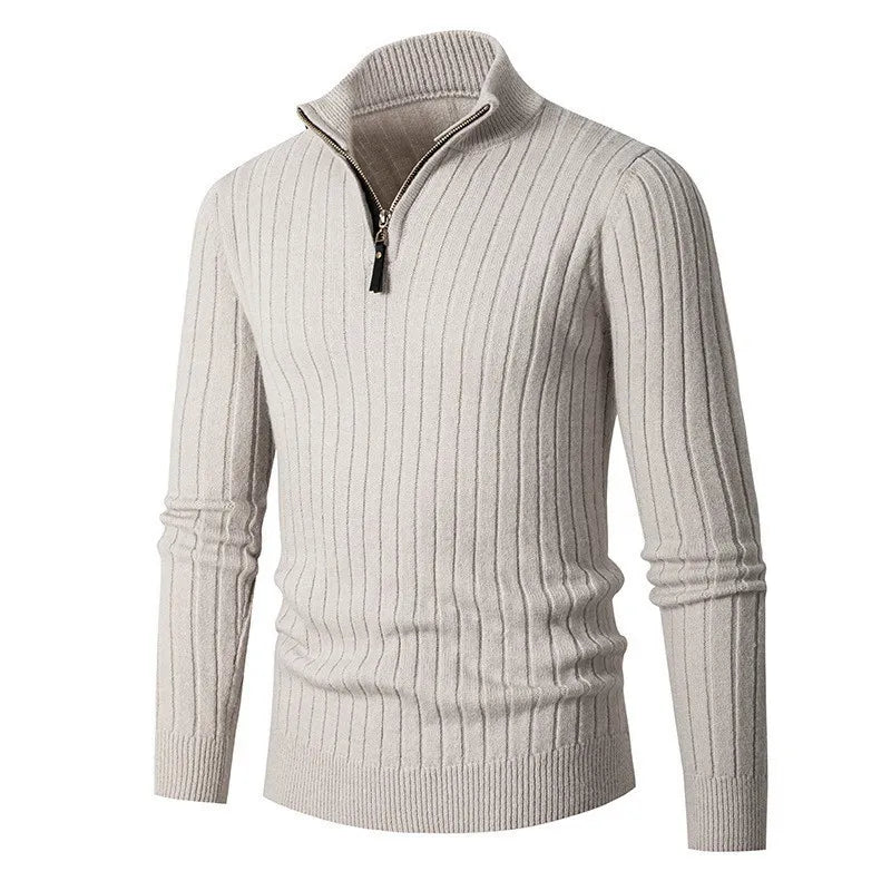 Pull Demi-Zip Côtelé Doux pour Homme – Mélange Filé avec Col Haut - Gris clair