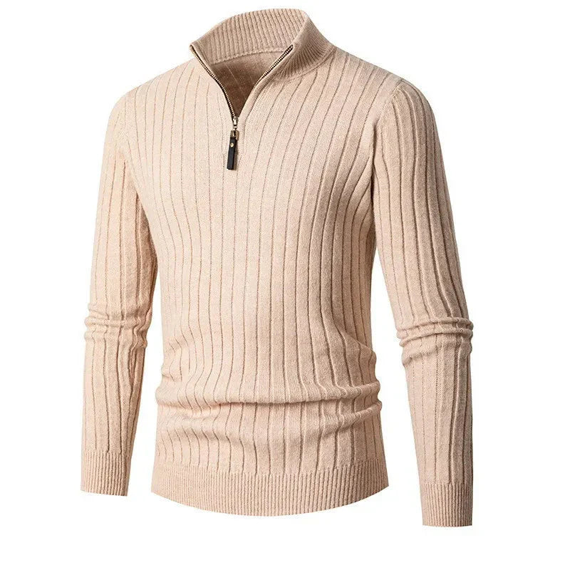 Pull Demi-Zip Côtelé Doux pour Homme – Mélange Filé avec Col Haut - Khaki
