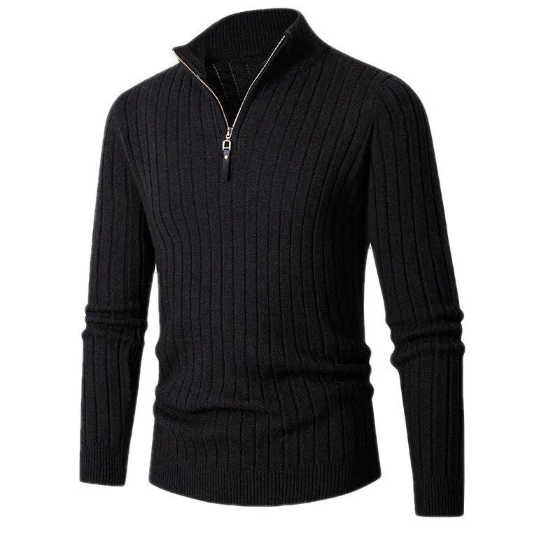 Pull Demi-Zip Côtelé Doux pour Homme – Mélange Filé avec Col Haut - Noir