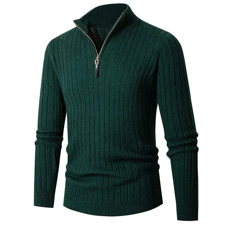 Pull Demi-Zip Côtelé Doux pour Homme – Mélange Filé avec Col Haut - Vert