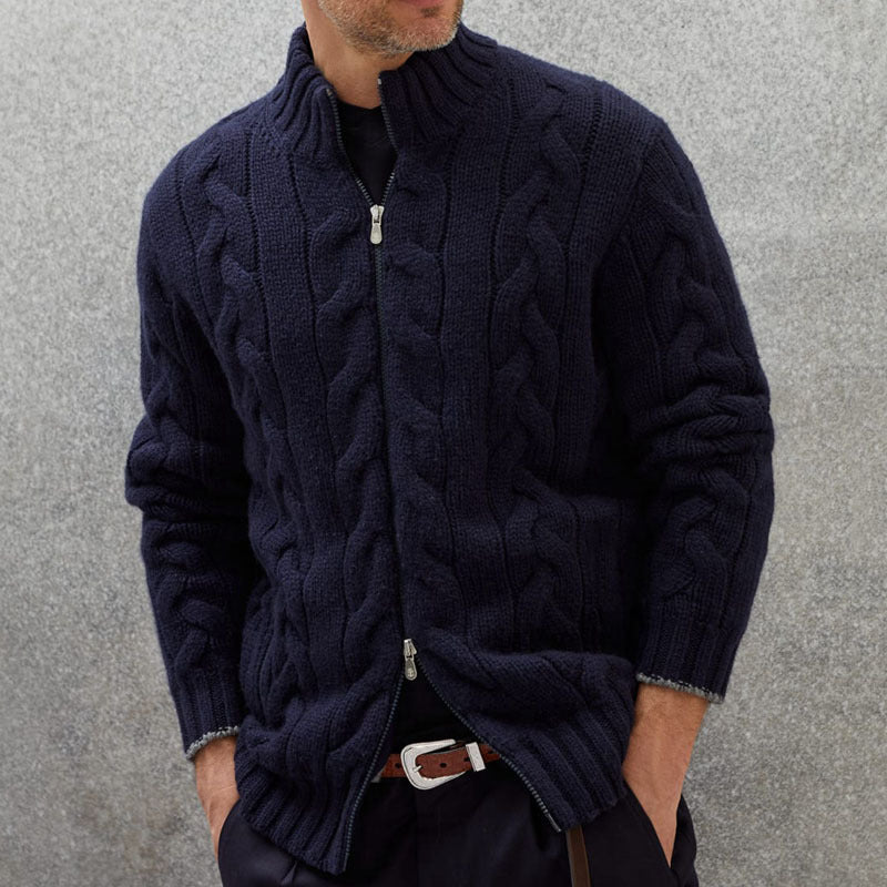 Pull élégant en maille torsadée pour homme – Pull zippé à col montant - Bleu marine