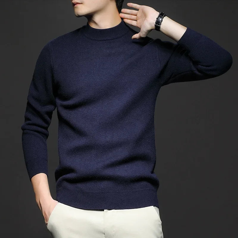 Pull en Laine Uni pour Homme avec Col Mi-Haut - Bleu foncé