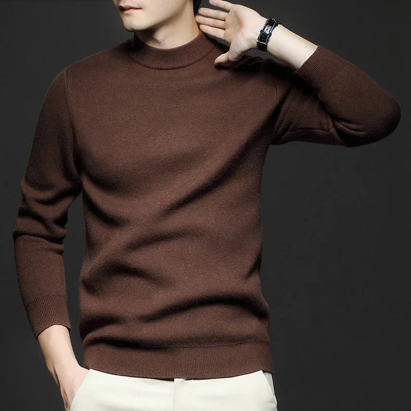 Pull en Laine Uni pour Homme avec Col Mi-Haut - Café