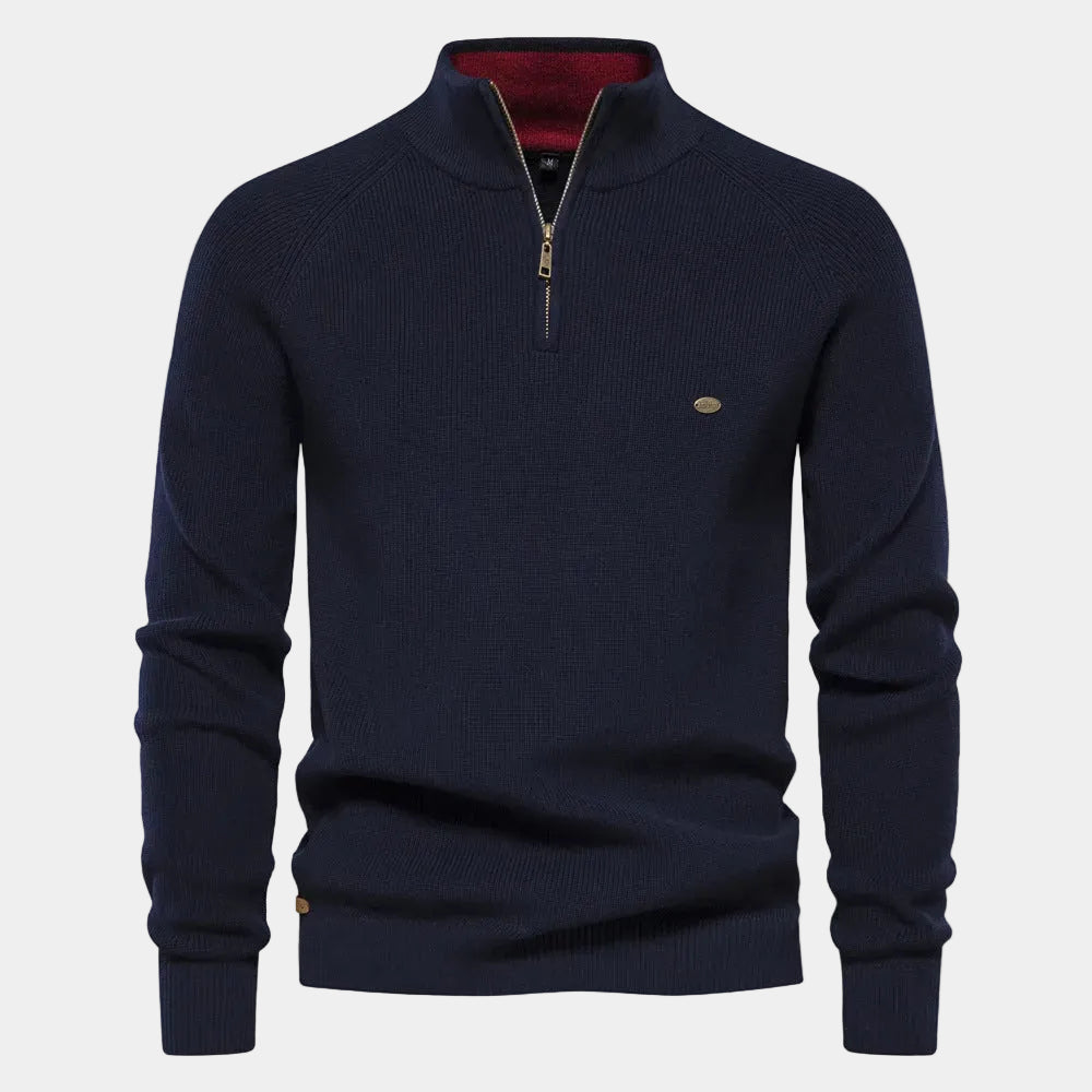 Pull homme col montant zippé - Bleu marine
