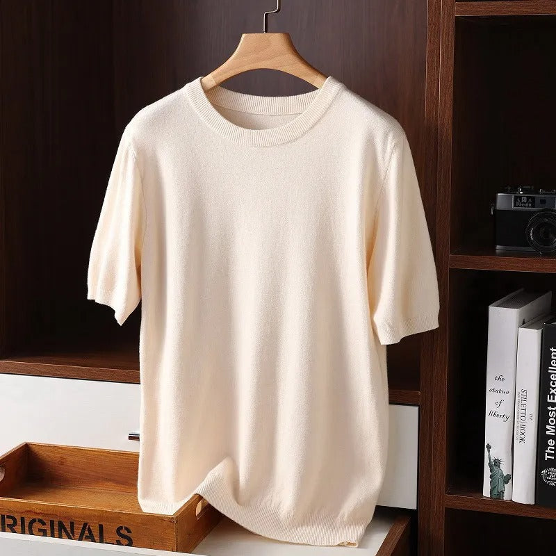 Pull homme col rond manches courtes - Beige
