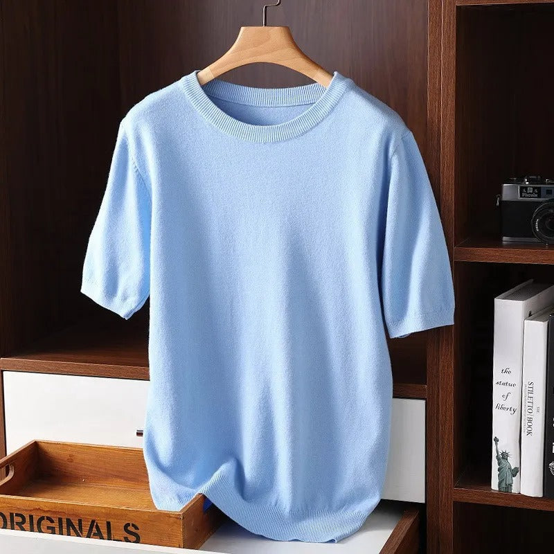 Pull homme col rond manches courtes - Bleu