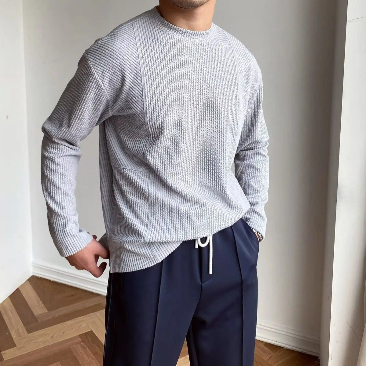 Pull homme col rond texturé - Gris