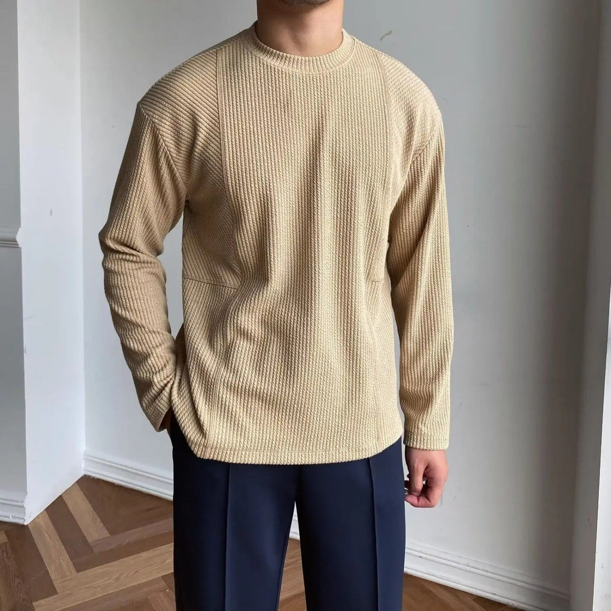 Pull homme col rond texturé - Kaki