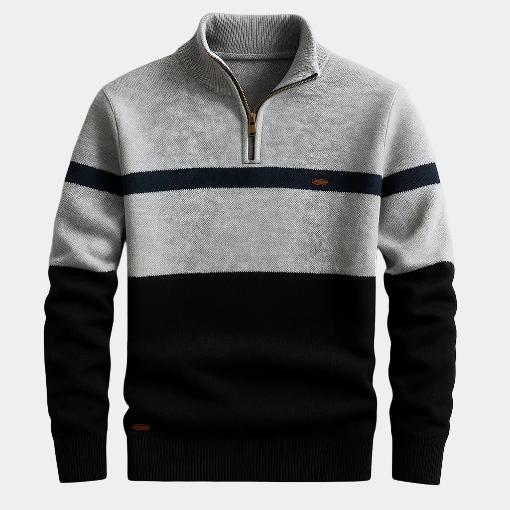 Pull homme demi-zip rayé - Gris