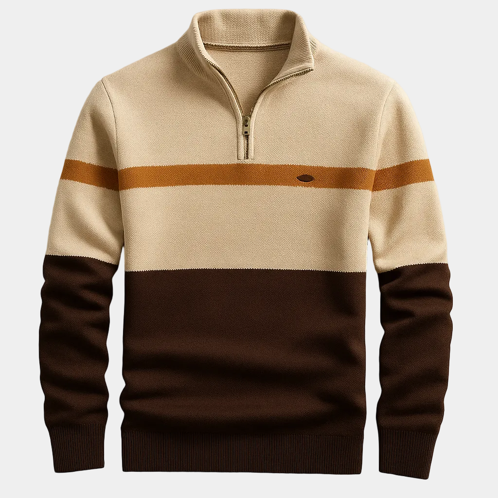 Pull homme demi-zip rayé - Marron
