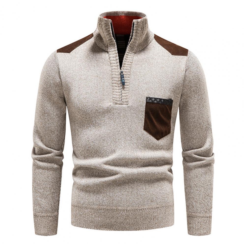 Pull Homme Hiver à Col Montant et Fermeture Quart de Zip – Maille Douce avec Poche - Beige