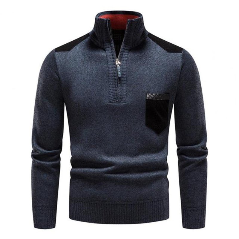 Pull Homme Hiver à Col Montant et Fermeture Quart de Zip – Maille Douce avec Poche - Bleu