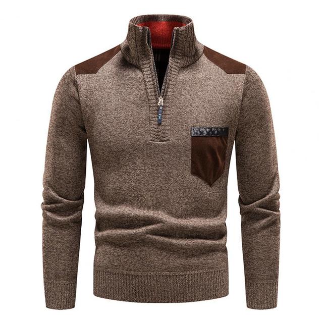 Pull Homme Hiver à Col Montant et Fermeture Quart de Zip – Maille Douce avec Poche - Café