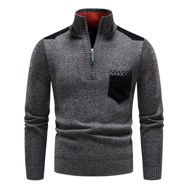Pull Homme Hiver à Col Montant et Fermeture Quart de Zip – Maille Douce avec Poche - Gris foncé