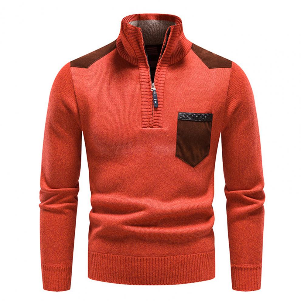 Pull Homme Hiver à Col Montant et Fermeture Quart de Zip – Maille Douce avec Poche - Orange