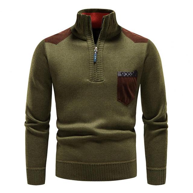 Pull Homme Hiver à Col Montant et Fermeture Quart de Zip – Maille Douce avec Poche - Vert léger
