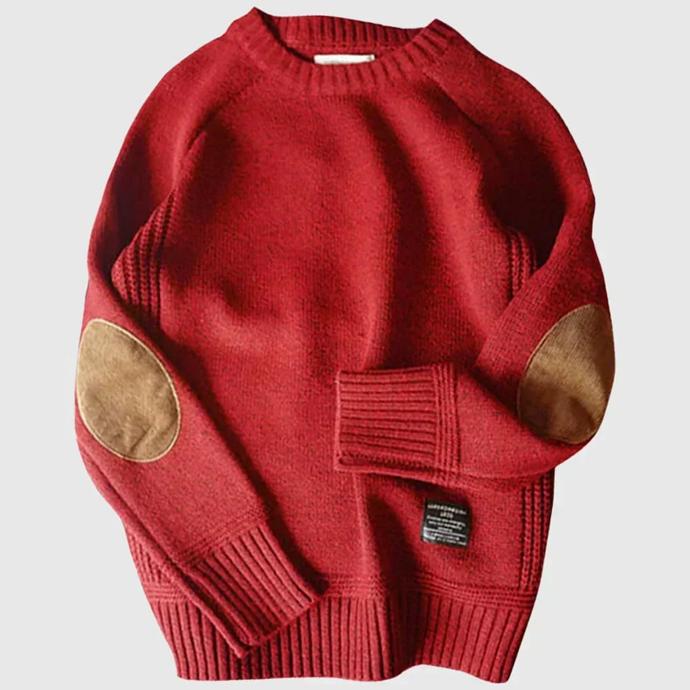 Pull Tricoté Premium pour Homme – Pull Marron à Coudières - Rouge