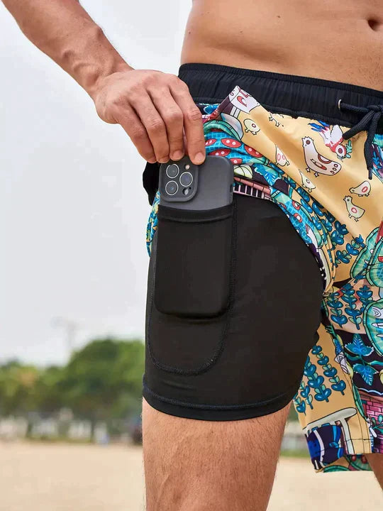 Short de bain homme d'ete - Leger et confortable - Or et bleu
