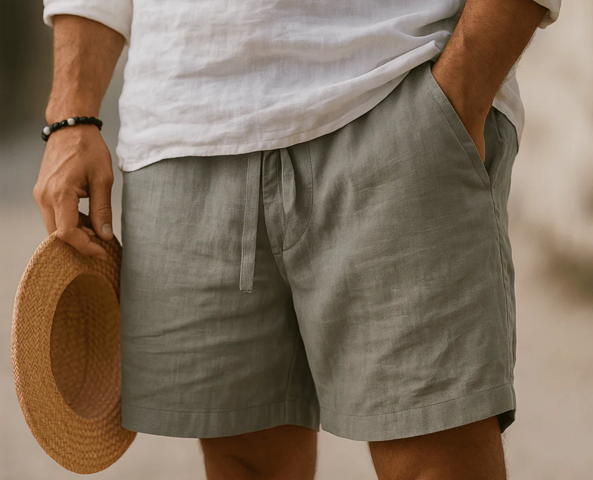 Short en lin homme été – Bermuda léger taille élastique avec poches - Gris