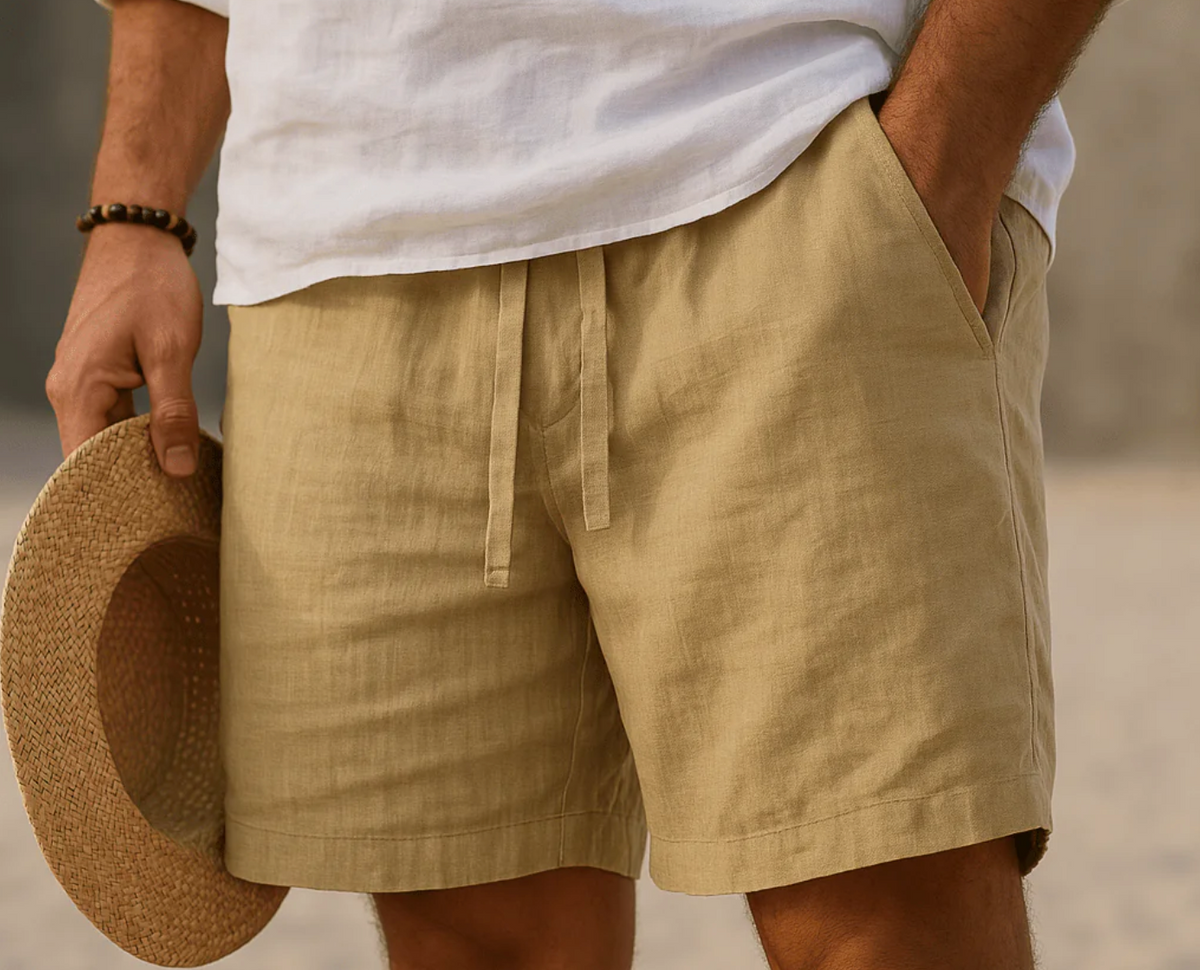 Short en lin homme été – Bermuda léger taille élastique avec poches - Kaki