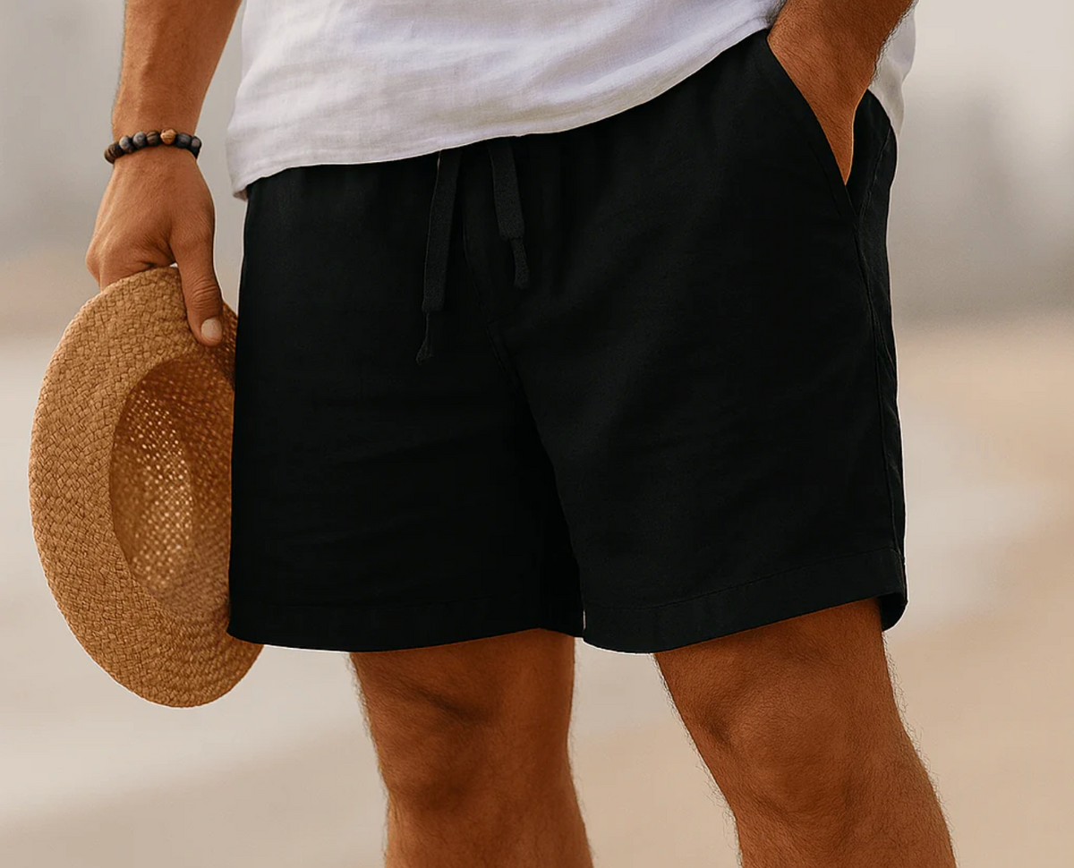 Short en lin homme été – Bermuda léger taille élastique avec poches - Noir
