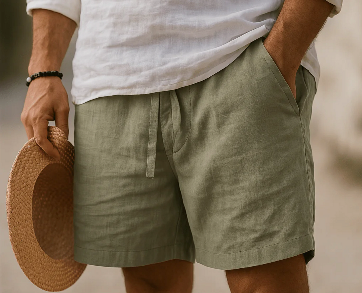 Short en lin homme été – Bermuda léger taille élastique avec poches - Vert