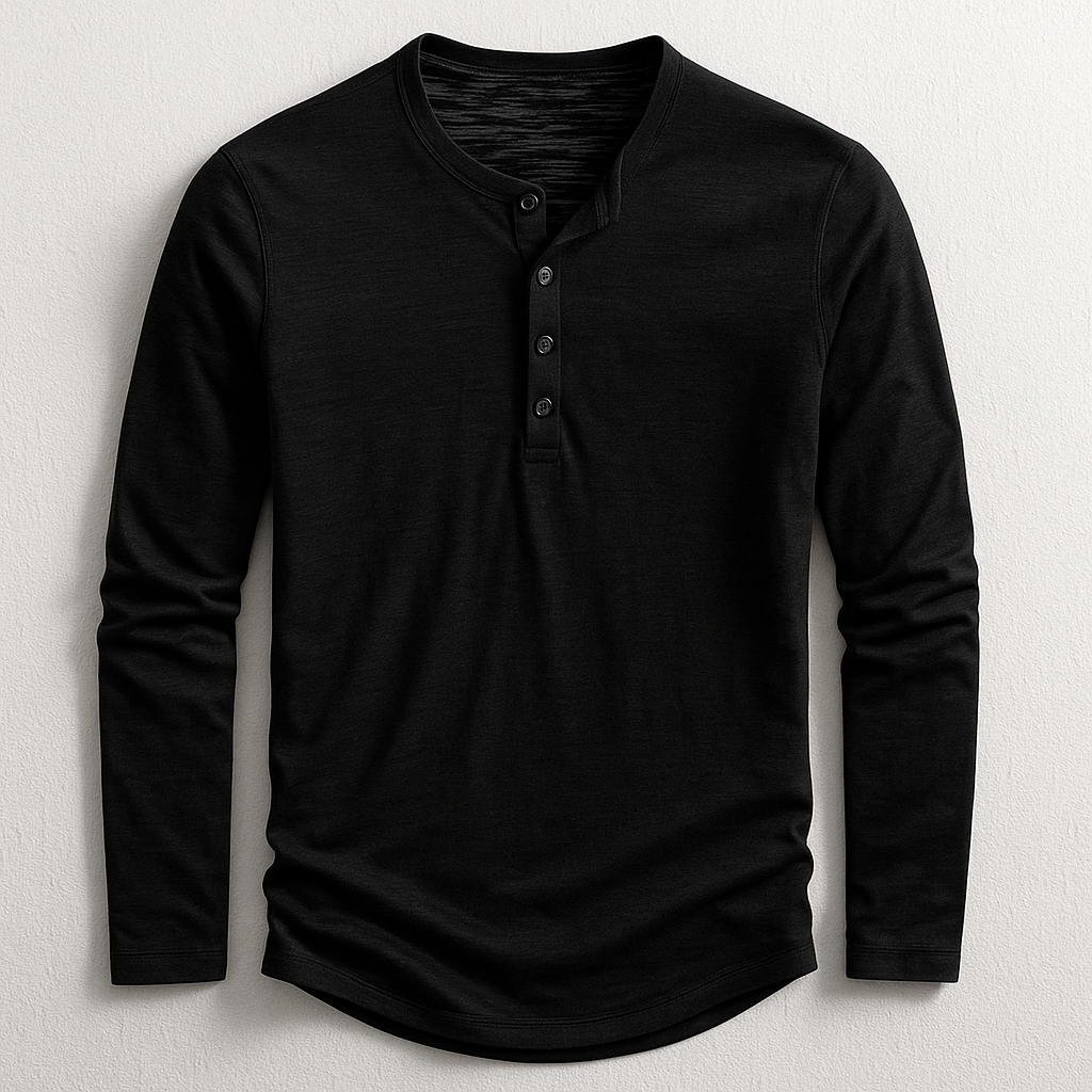 T-shirt Henley Homme en Coton Premium – Manches Longues Style Décontracté - Noir