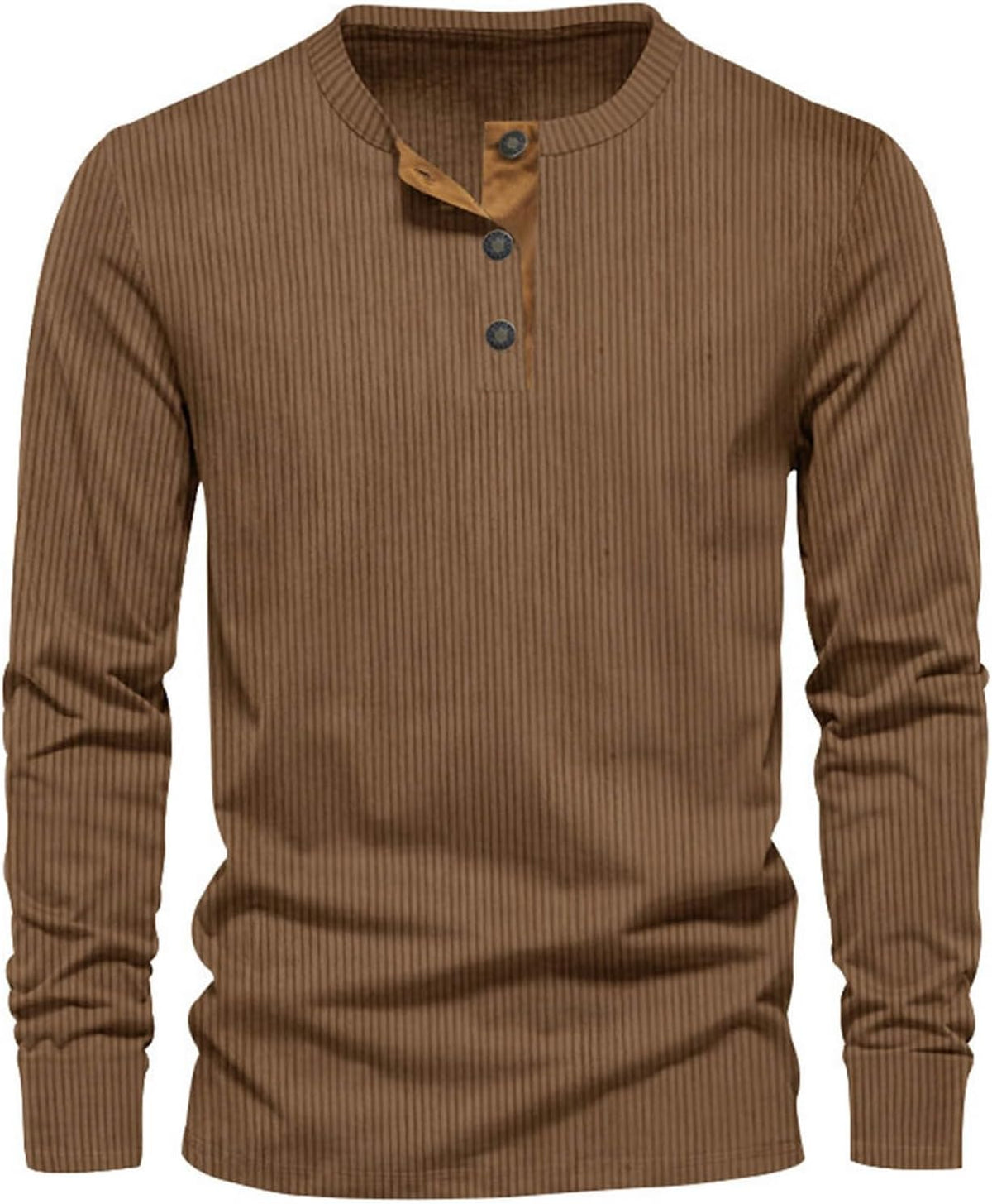 T-Shirt Homme à Manches Longues Côtelé – Décontracté Confort Col Rond - Brun