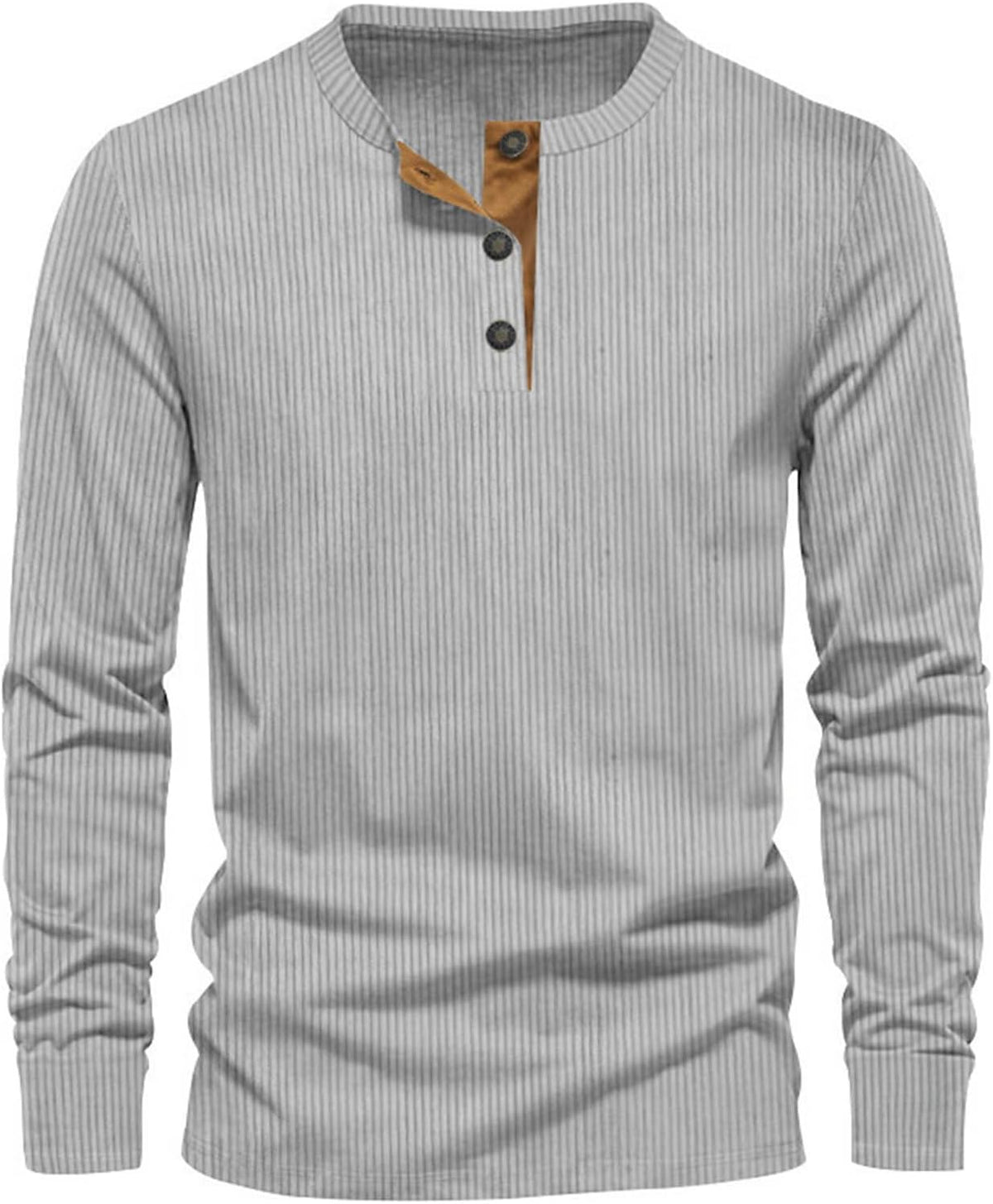 T-Shirt Homme à Manches Longues Côtelé – Décontracté Confort Col Rond - Gris clair