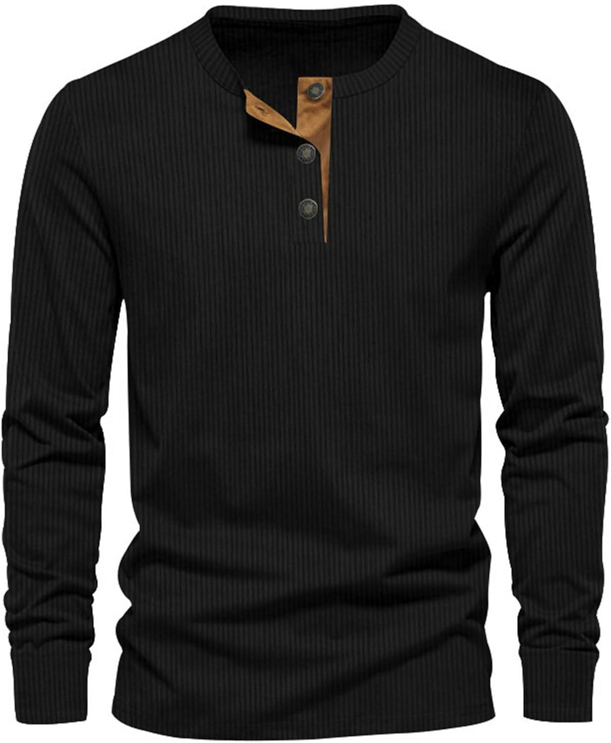 T-Shirt Homme à Manches Longues Côtelé – Décontracté Confort Col Rond - Noir